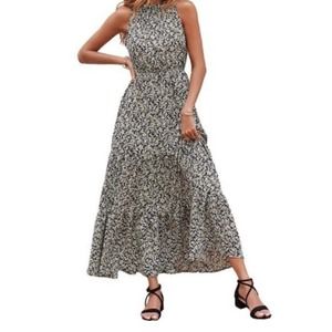 NWT Black Floral Maxi Sheath Dress Sleeveless High Neck Ruffle Cottagecore Small